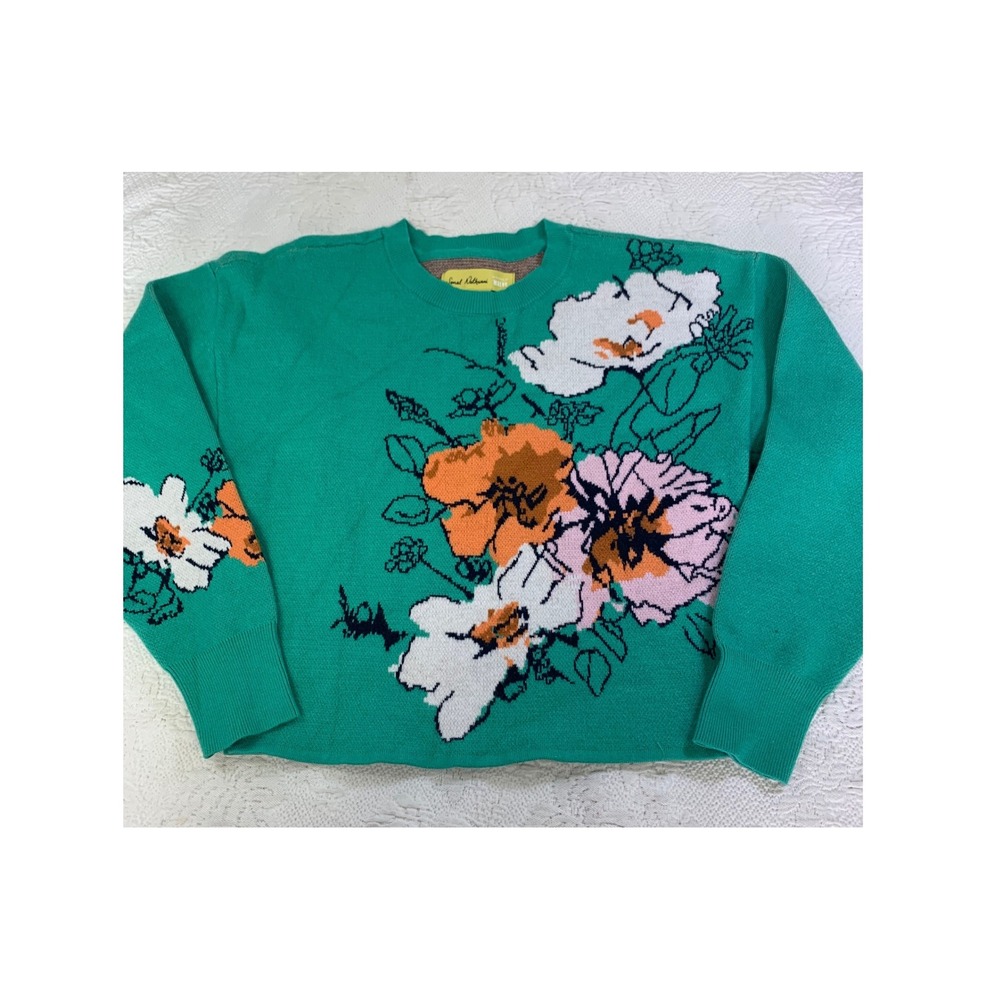 Maeve Sonal Nathwani Anthropologie Floral Intarsia Sweater Teal Green Boho XS